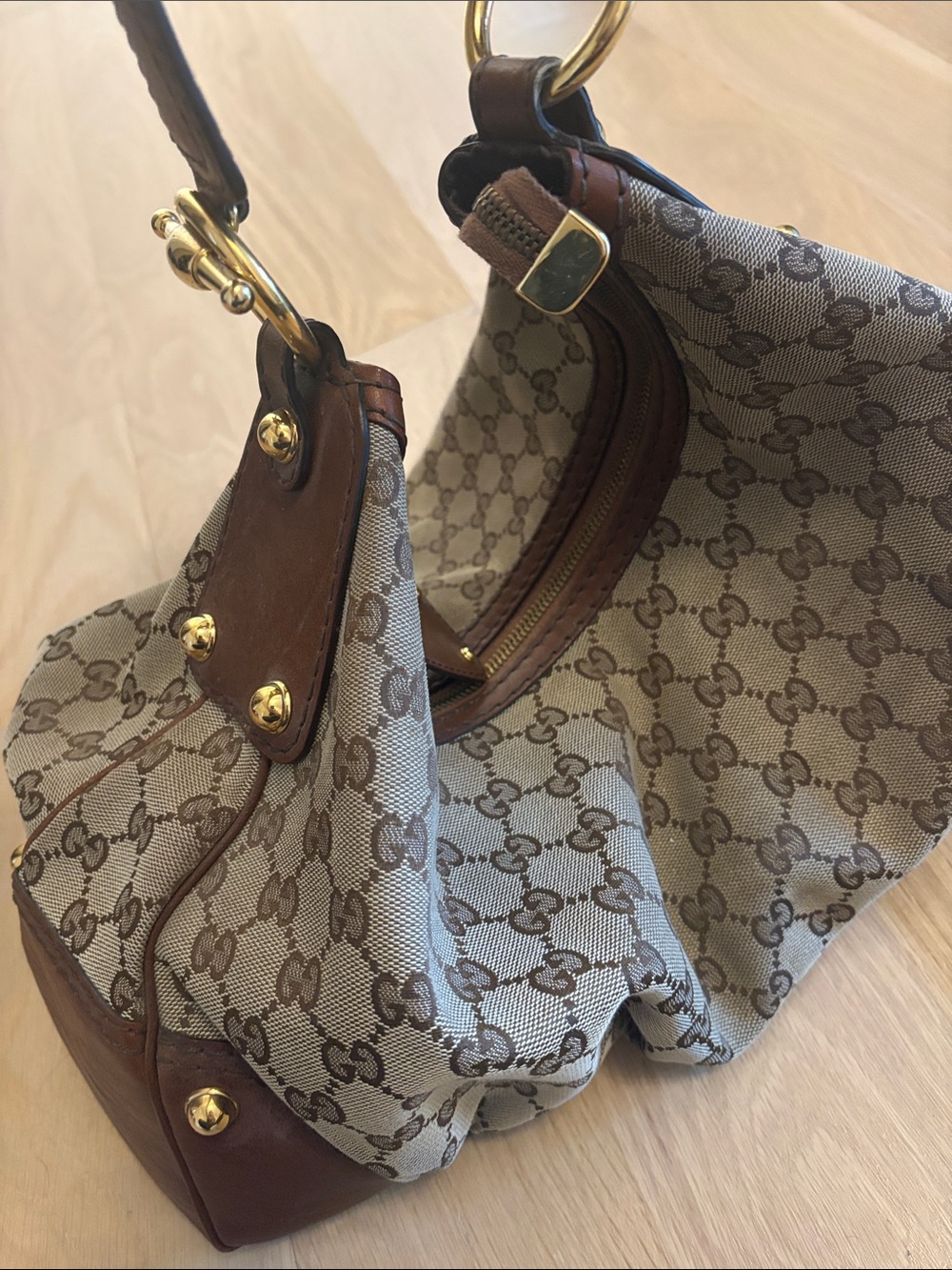 Gucci Beige and Brown GG Monogram Shoulder Bag with Gold Hardware - Picture 2 of 14